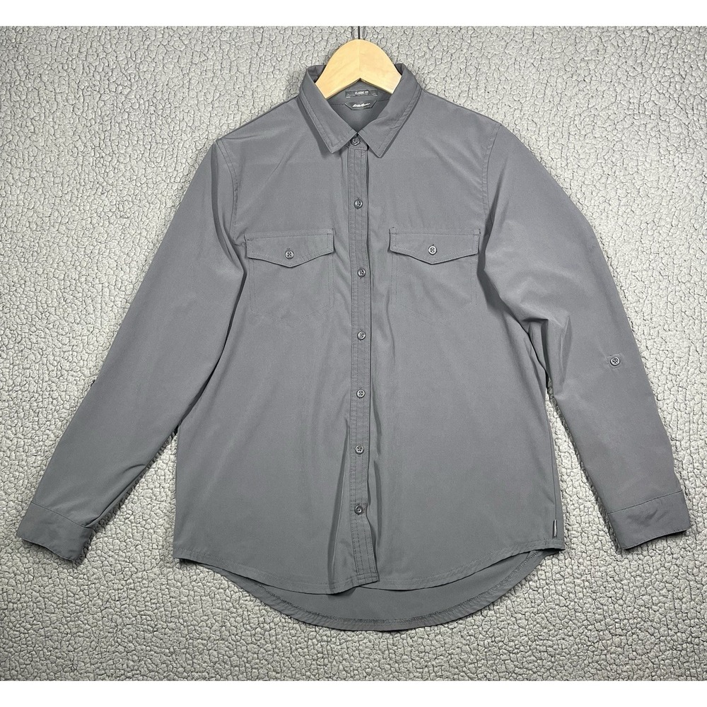 Eddie Bauer Top Womens Medium Mountain Roll Up Long Sleeve Gray Button Up Light